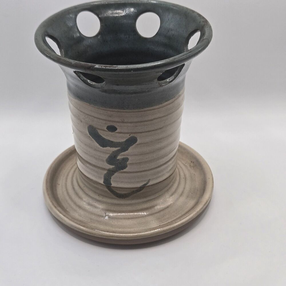 Vintage  Handmade Pottery Ceramic Toothbrush  Holder Artist Signed  4” Tall